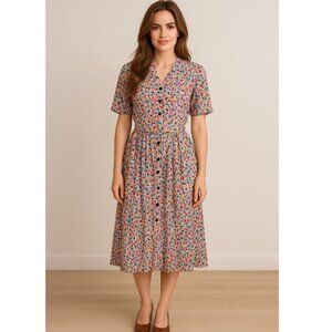 Vintage Liz Roberts Womens Shirt Dress Pink Yellow Geometric Belted Pleated 10